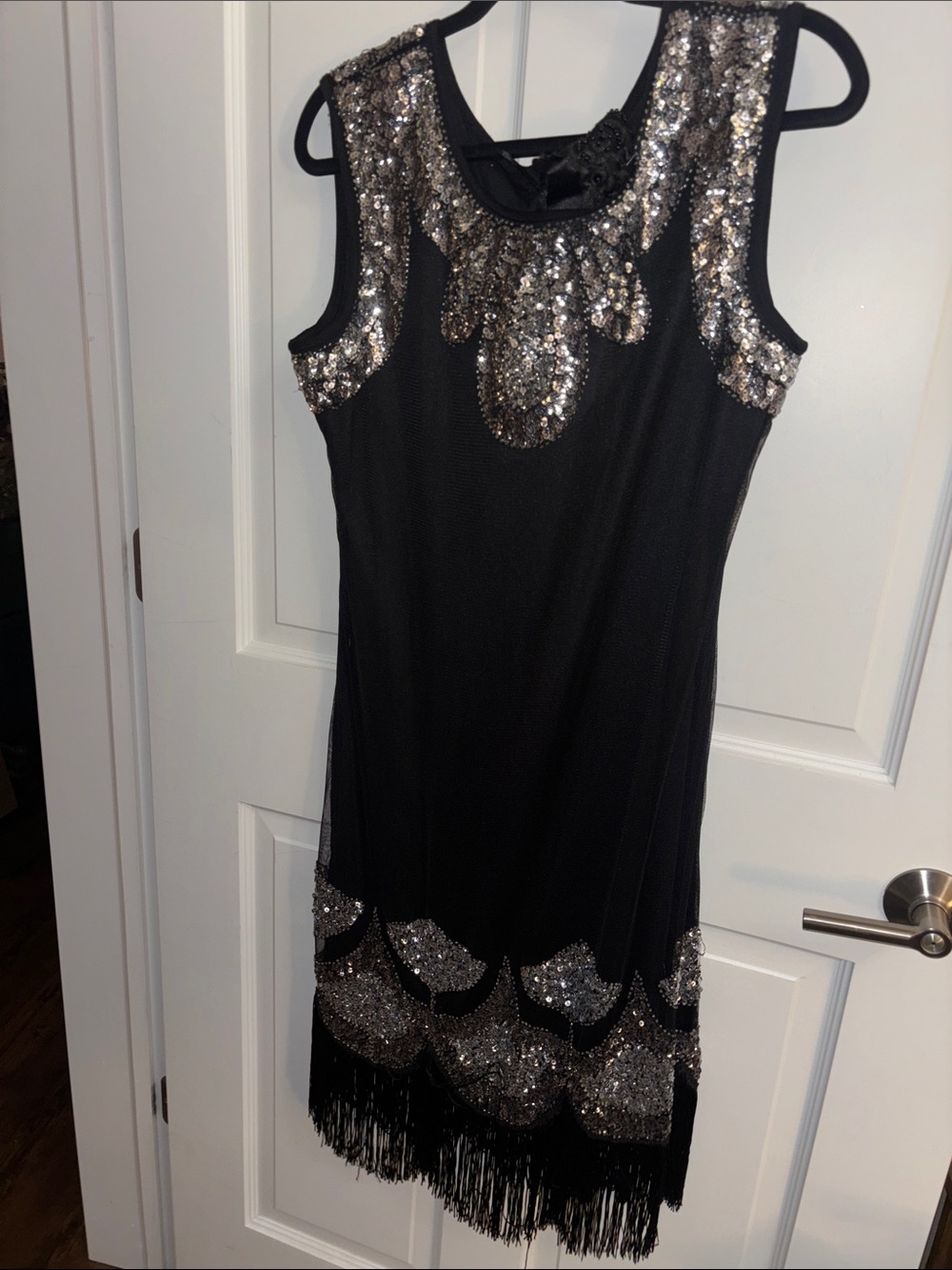 Black Sequin Fringe Sleeveless Flapper Dress With Gloves